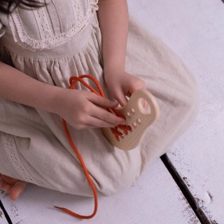 Wooden Lacing Up Shoe  - Natural Wooden Educational Toy